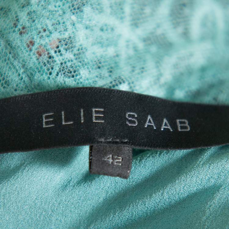 Pre Owned Elie Saab Turquoise Blue Embroidered Lace Overlay Detail Tiered Maxi Dress M