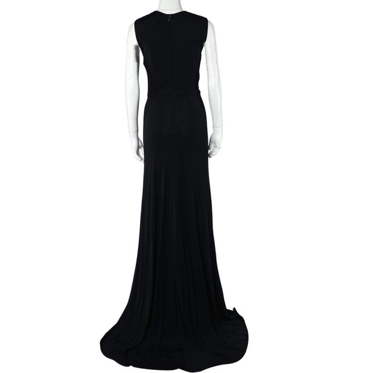 Pre Owned Elie Saab Black Jersey Pleated Detail Sleeveless Maxi Dress S