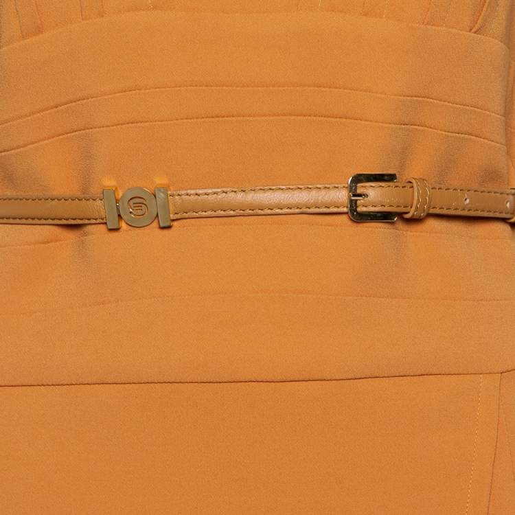 Pre Owned Elie Saab Camel Brown Crepe Pleated Detail Belted Sleeveless Dress S  