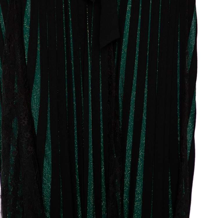 Pre Owned Elie Saab Green Embroidered Lurex Knit & Lace Trim Body Suit & Skirt Set S