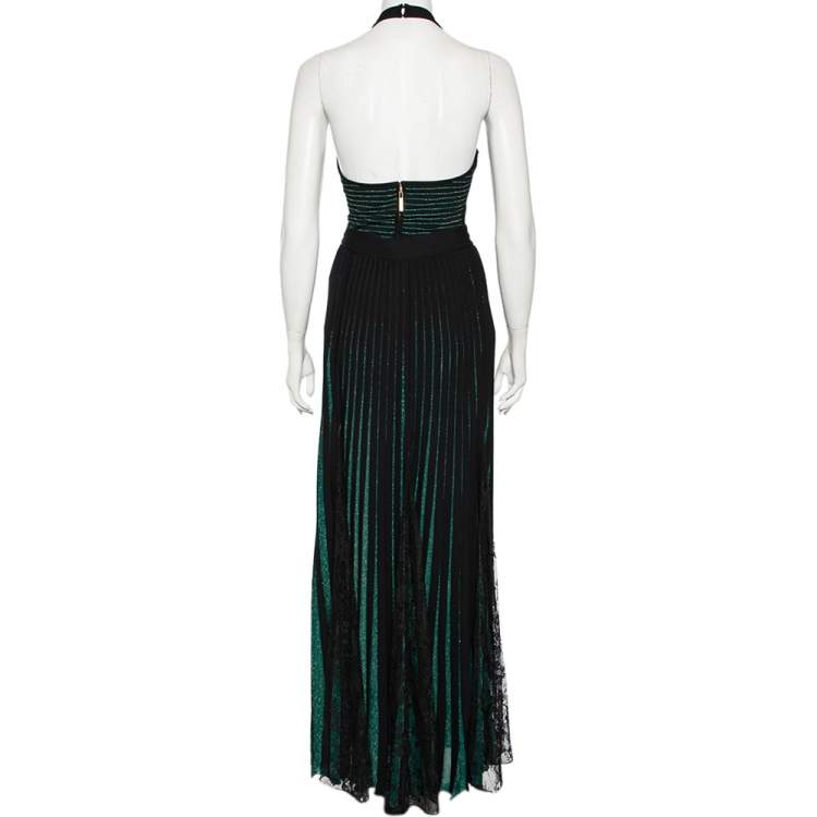 Pre Owned Elie Saab Green Embroidered Lurex Knit & Lace Trim Body Suit & Skirt Set S