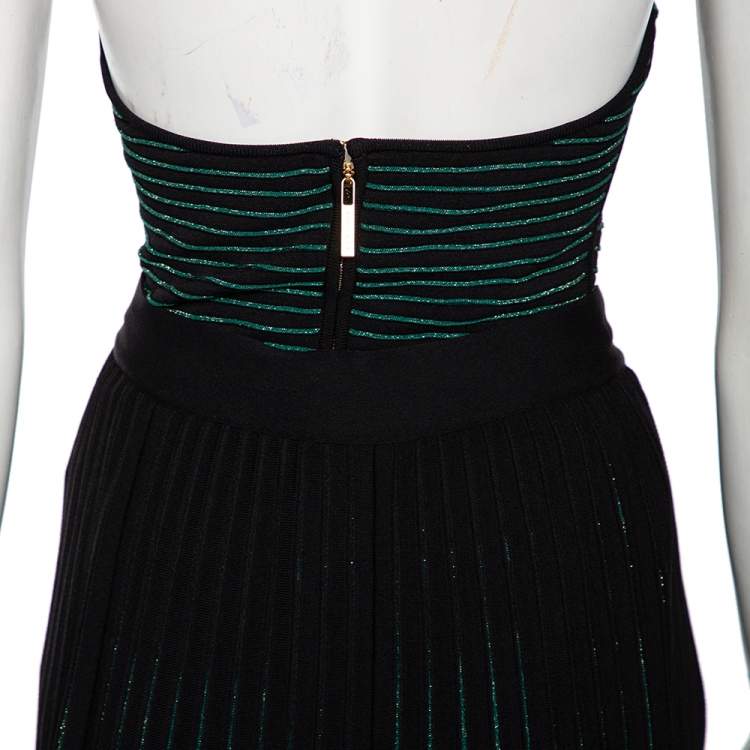 Pre Owned Elie Saab Green Embroidered Lurex Knit & Lace Trim Body Suit & Skirt Set S