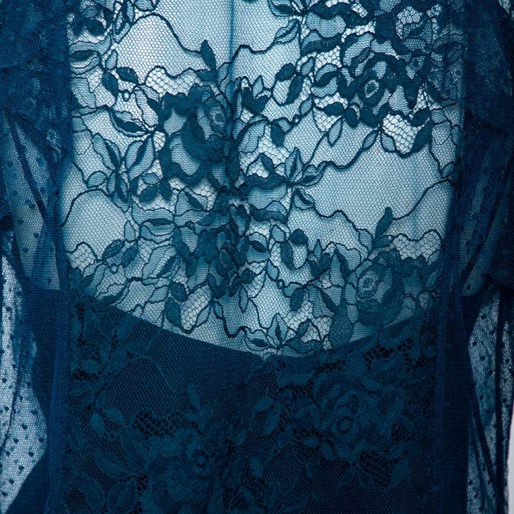 Pre Owned Elie Saab Teal Blue Chantilly Lace Tulle Neck Tie Detail Blouse S 