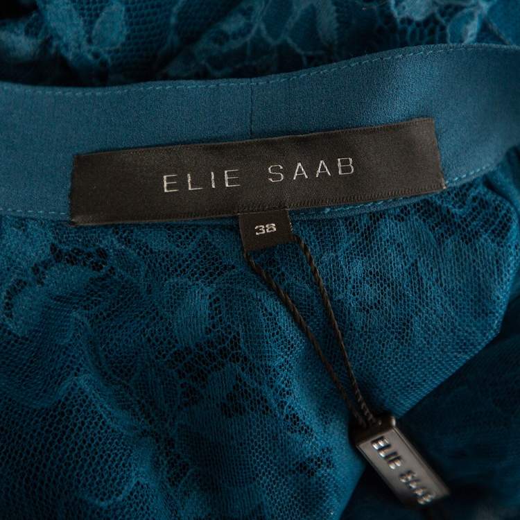 Pre Owned Elie Saab Teal Blue Chantilly Lace Tulle Neck Tie Detail Blouse S 