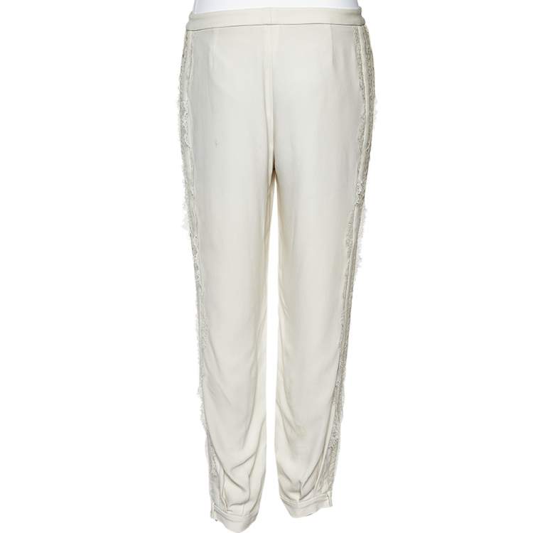 Pre Owned Elie Saab White Crepe & Lace Trim Trousers S