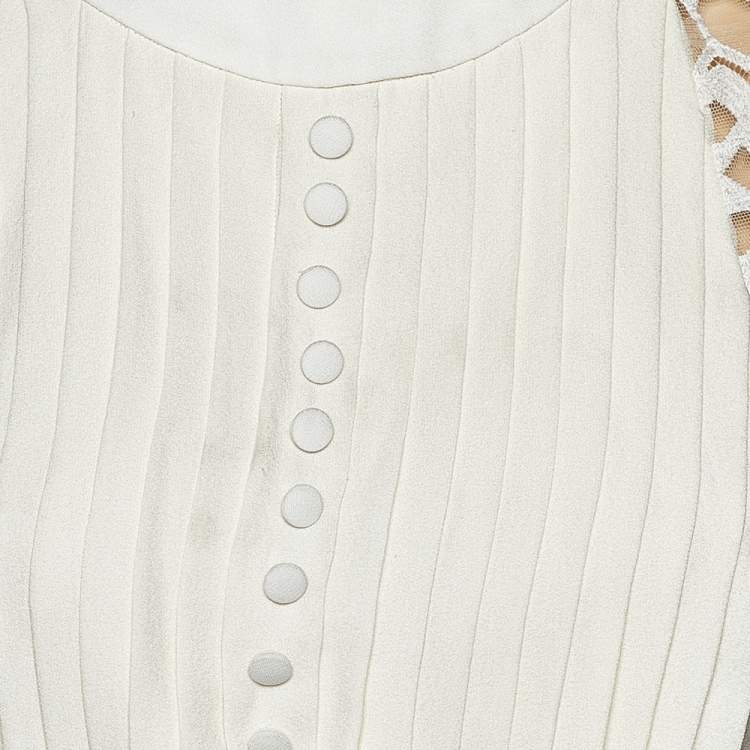 Pre Owned Elie Saab Off White lace & Silk Paneled Pintuck Detail Top S