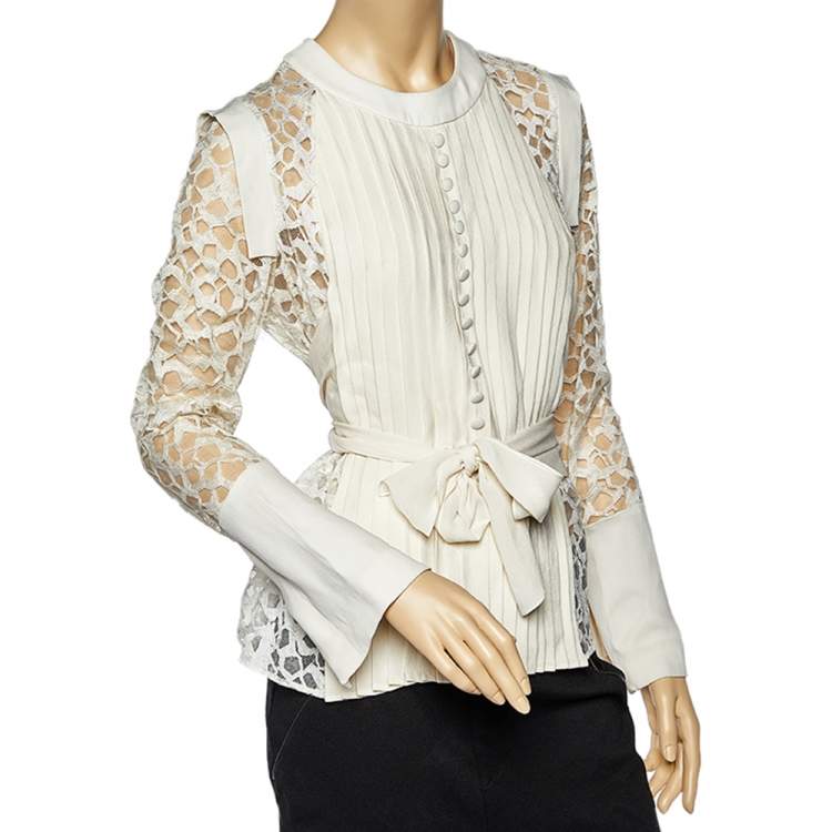 Pre Owned Elie Saab Off White lace & Silk Paneled Pintuck Detail Top S