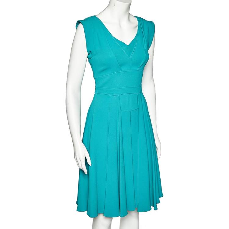 Pre Owned Elie Saab Teal Blue Crepe Pleated Detail Midi Dress XS