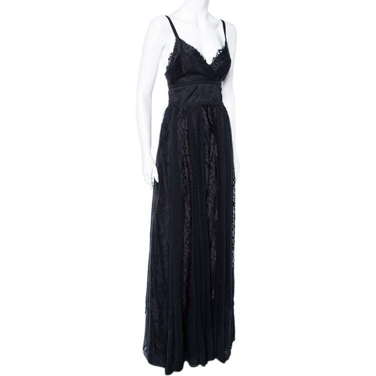 Pre Owned Elie Saab Black Silk & Lace Paneled Shawl Detail Sleeveless Gown S
