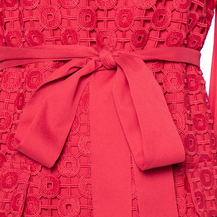 Pre Owned Elie Saab Red Lace Collared Shift Dress M