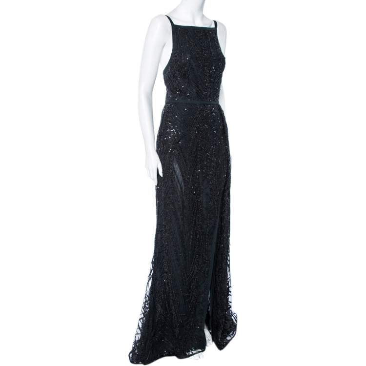 Pre Owned Elie Saab Black Sequin Embellished Tulle High Slit Trail Detail Evening Gown M
