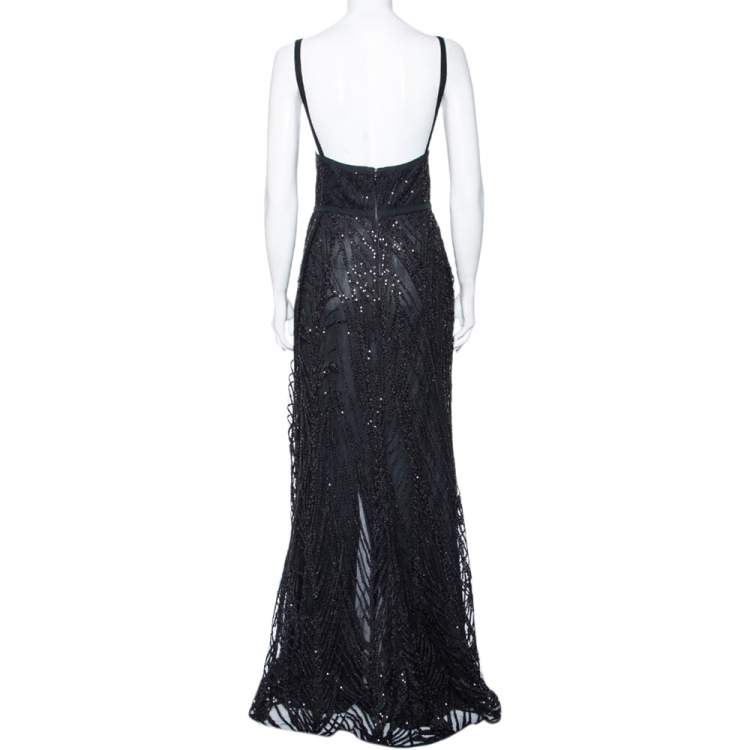 Pre Owned Elie Saab Black Sequin Embellished Tulle High Slit Trail Detail Evening Gown M