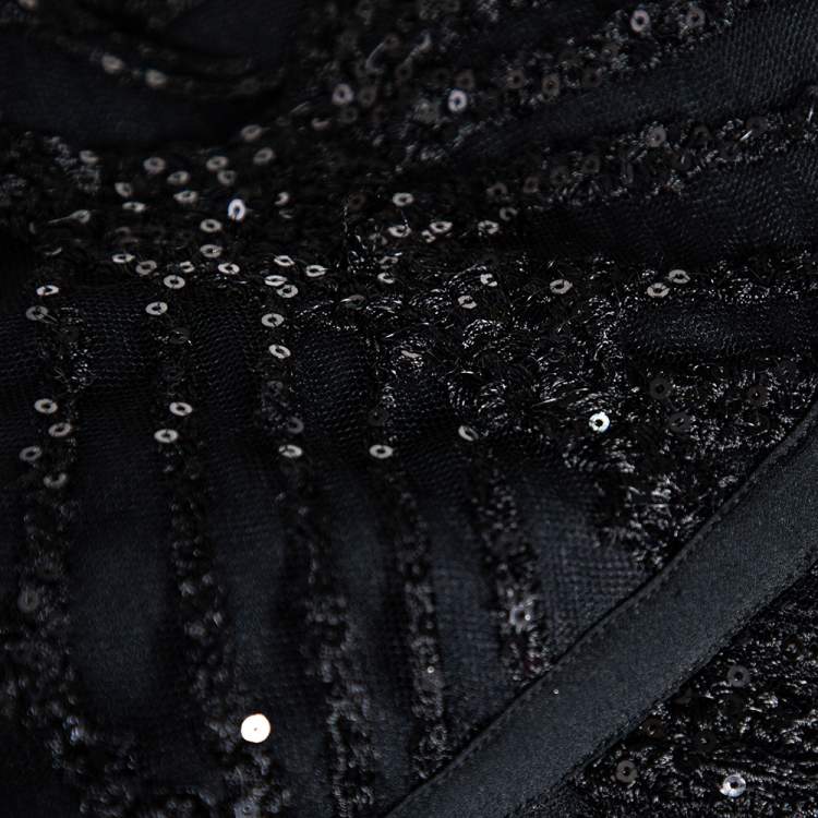 Pre Owned Elie Saab Black Sequin Embellished Tulle High Slit Trail Detail Evening Gown M
