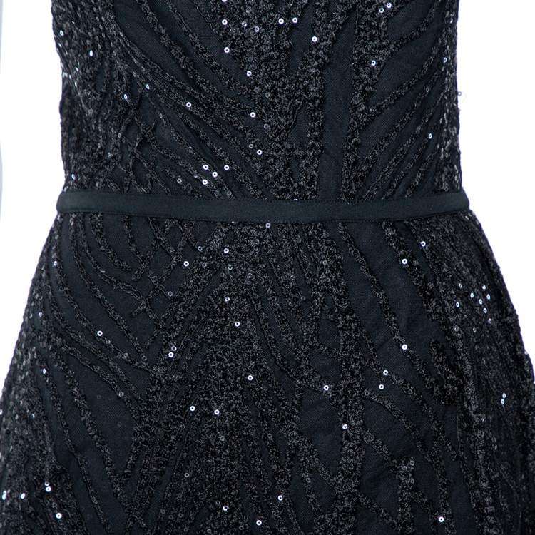 Pre Owned Elie Saab Black Sequin Embellished Tulle High Slit Trail Detail Evening Gown M