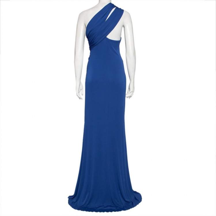 Pre Owned Elie Saab Blue Jersey Draped One Shoulder Gown S 