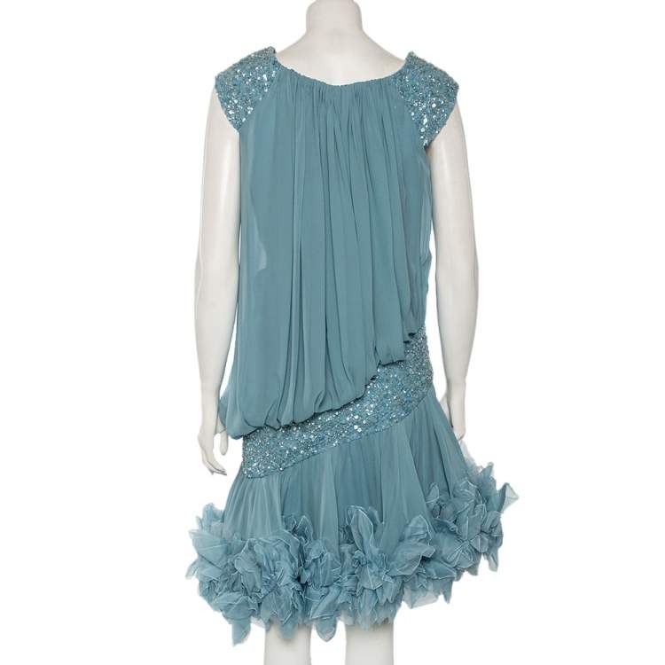 Pre Owned Elie Saab Blue Sequin Embellished Silk Ruffled Short Dress M 