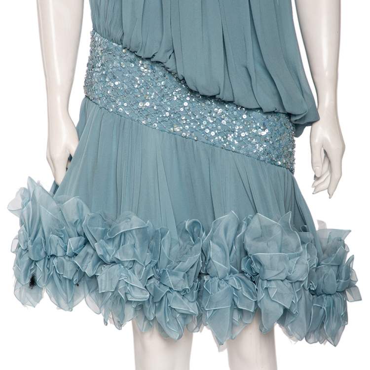 Pre Owned Elie Saab Blue Sequin Embellished Silk Ruffled Short Dress M 