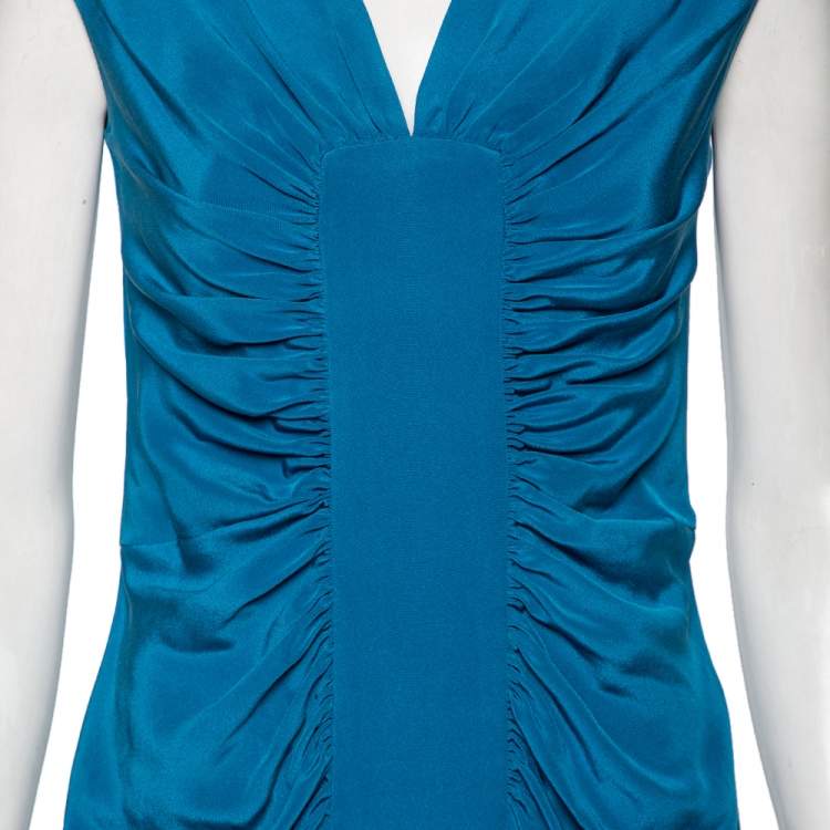 Pre Owned Elie Saab Blue Silk Ruched Detail Short Dress M