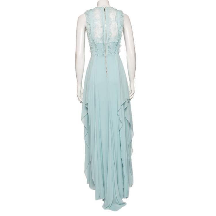 Pre Owned Elie Saab Light Blue Lace & Silk Georgette Sleeveless Maxi Dress S