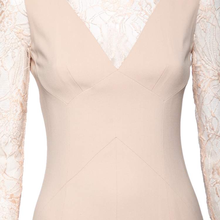 Pre Owned Elie Saab Peach Crepe & Lace Inset Midi Dress S