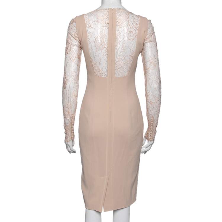 Pre Owned Elie Saab Peach Crepe & Lace Inset Midi Dress S