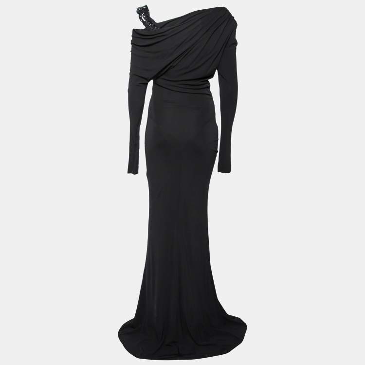 Pre Owned Elie Saab Black Jersey Bead Embellished Strap Detail Gown S 