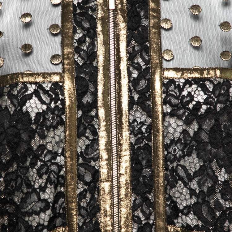 Pre Owned Elie Saab Black & Gold Embroidered Tulle & Lace Inset Bomber Jacket M