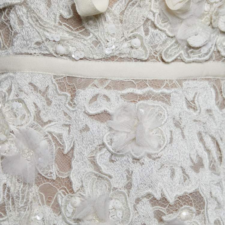 Pre Owned Elie Saab Ivory Embellished Floral Lace & Crepe Mini Dress S