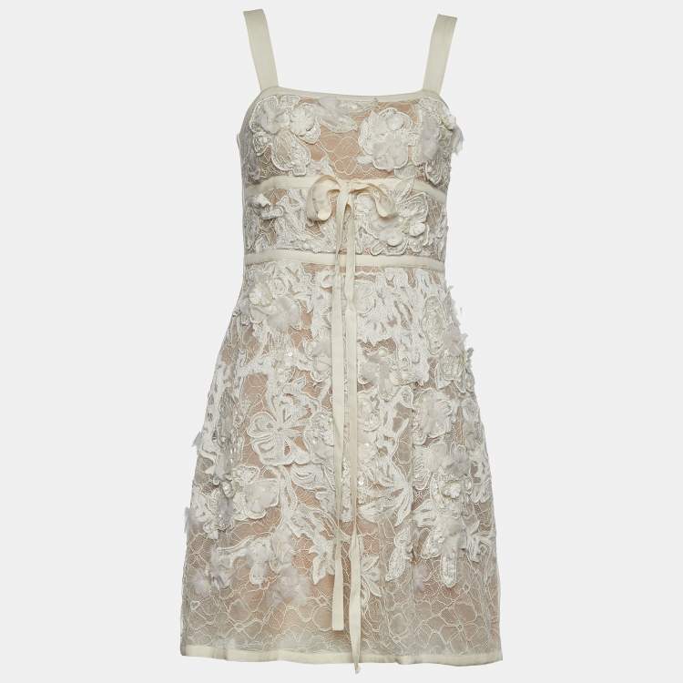Pre Owned Elie Saab Ivory Embellished Floral Lace & Crepe Mini Dress S