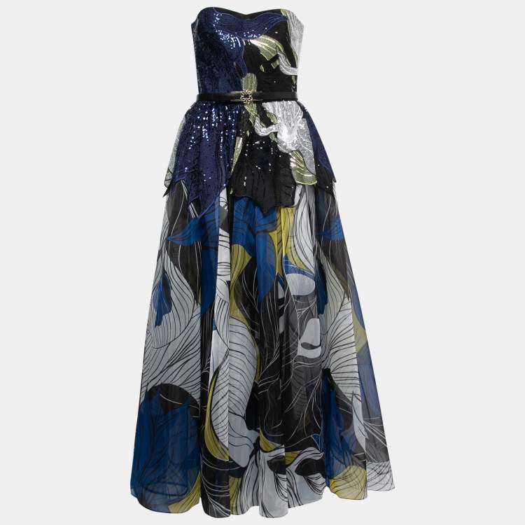 Pre Owned Elie Saab Blue & Black Sequin Embellished Organza Strapless Gown Dress M
