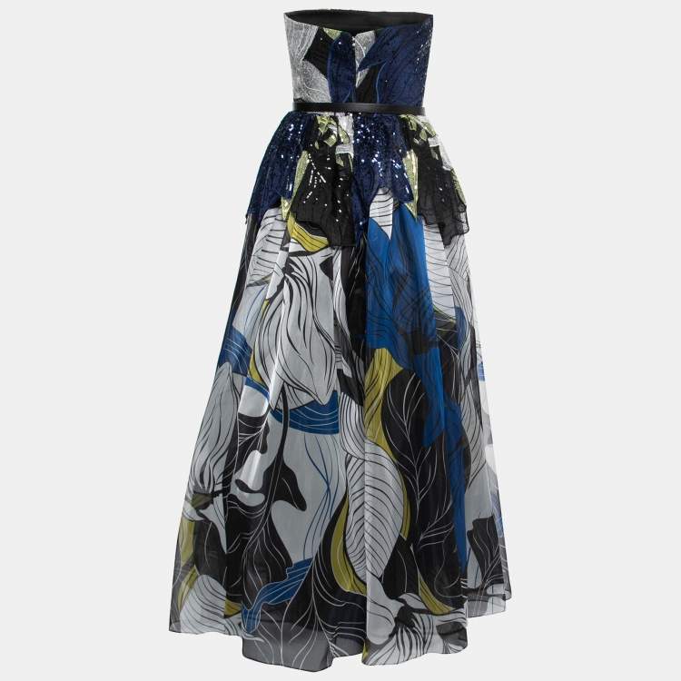 Pre Owned Elie Saab Blue & Black Sequin Embellished Organza Strapless Gown Dress M