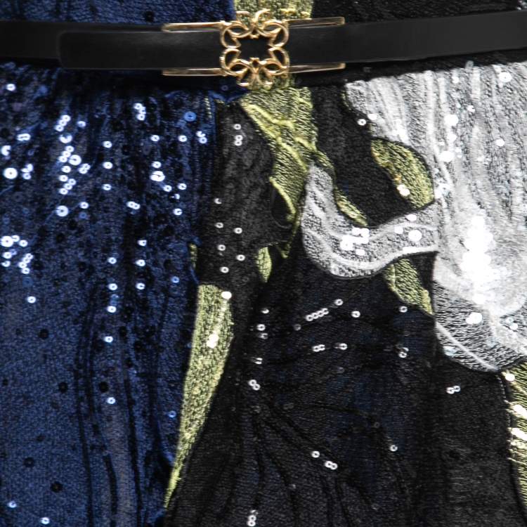 Pre Owned Elie Saab Blue & Black Sequin Embellished Organza Strapless Gown Dress M