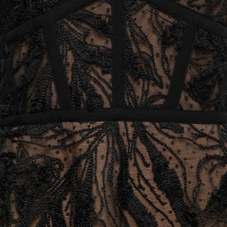Pre Owned Elie Saab Black Lace Embroidered Flared Midi Dress S 