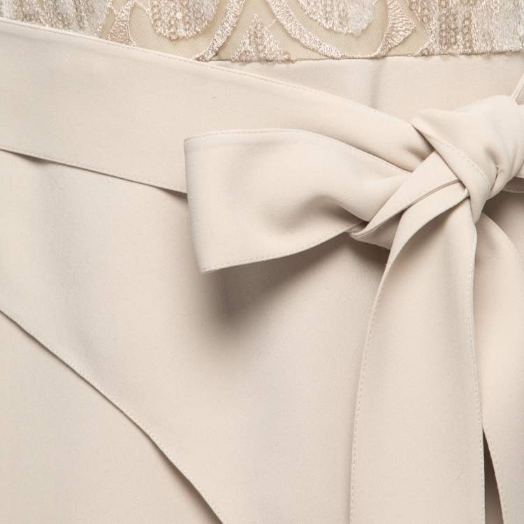 Pre Owned Elie Saab Cream Crepe & Sequin Embellished Tulle Sleeveless Belted Dress L