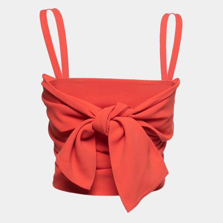 Pre Owned Elie Saab Coral Orange Crepe Wrap Around Sleeveless Cropped Top XS