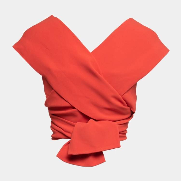 Pre Owned Elie Saab Coral Orange Crepe Wrap Around Sleeveless Cropped Top XS