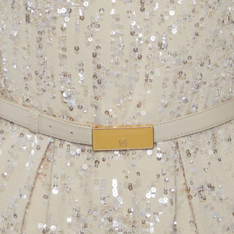 Pre Owned Elie Saab Beige Sequin Embellished Silk & Wool Belted Mini Dress S
