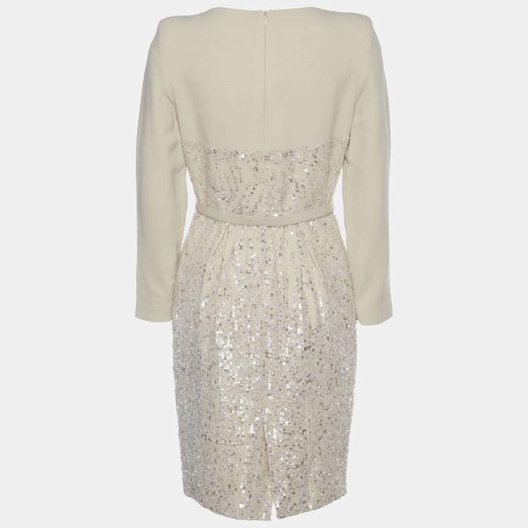 Pre Owned Elie Saab Beige Sequin Embellished Silk & Wool Belted Mini Dress S