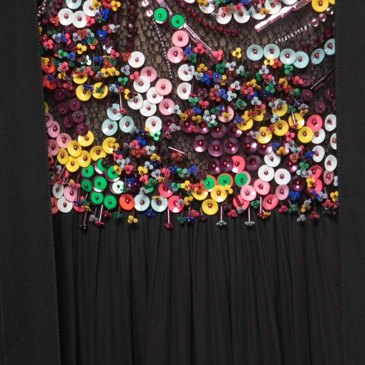 Pre Owned Elie Saab Black Silk Chiffon Sequin Embellished Yoke Sleeveless Gown S