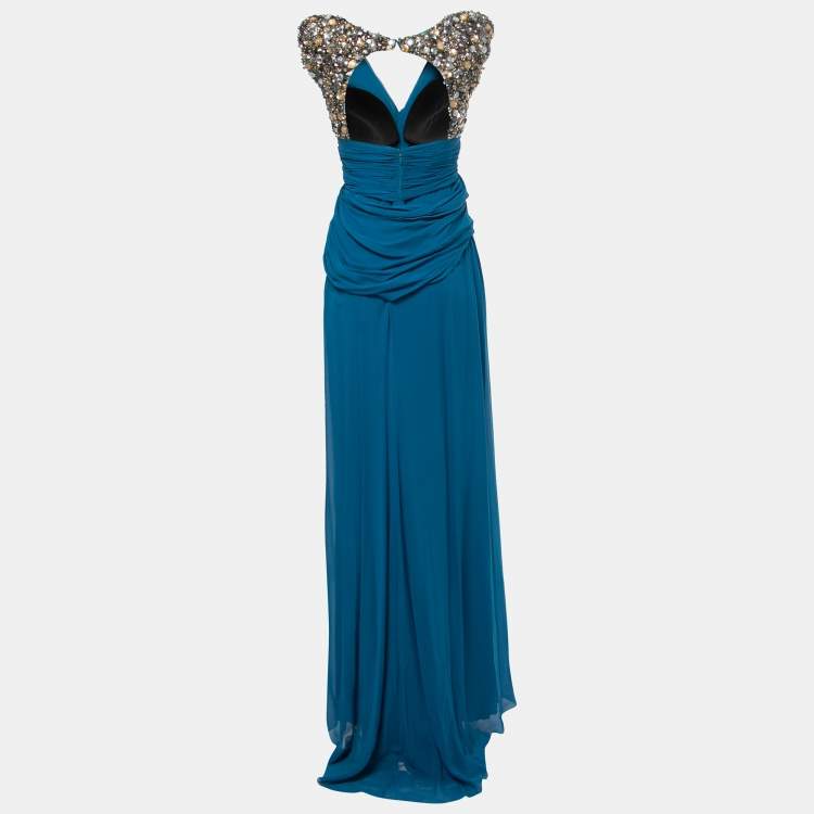 Pre Owned Elie Saab Blue Embellished Detail Draped Gown M
