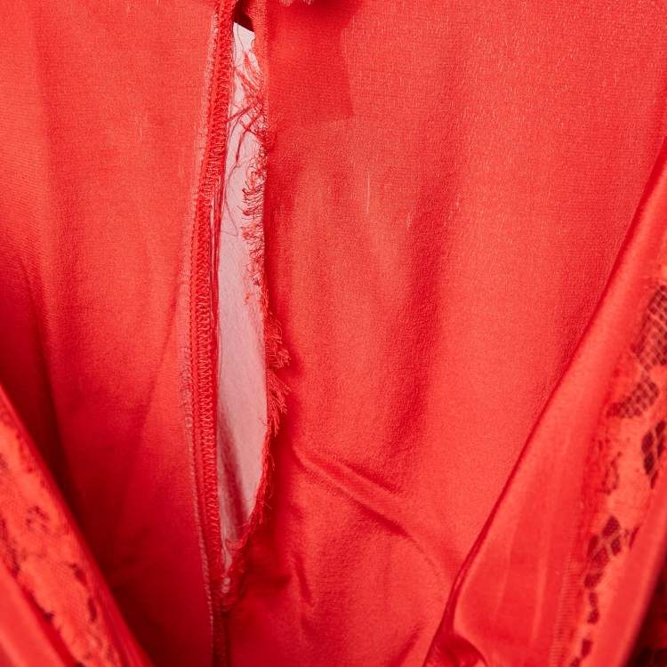 Pre Owned Elie Saab Red Silk Blend Lace Trimmed Long Dress S