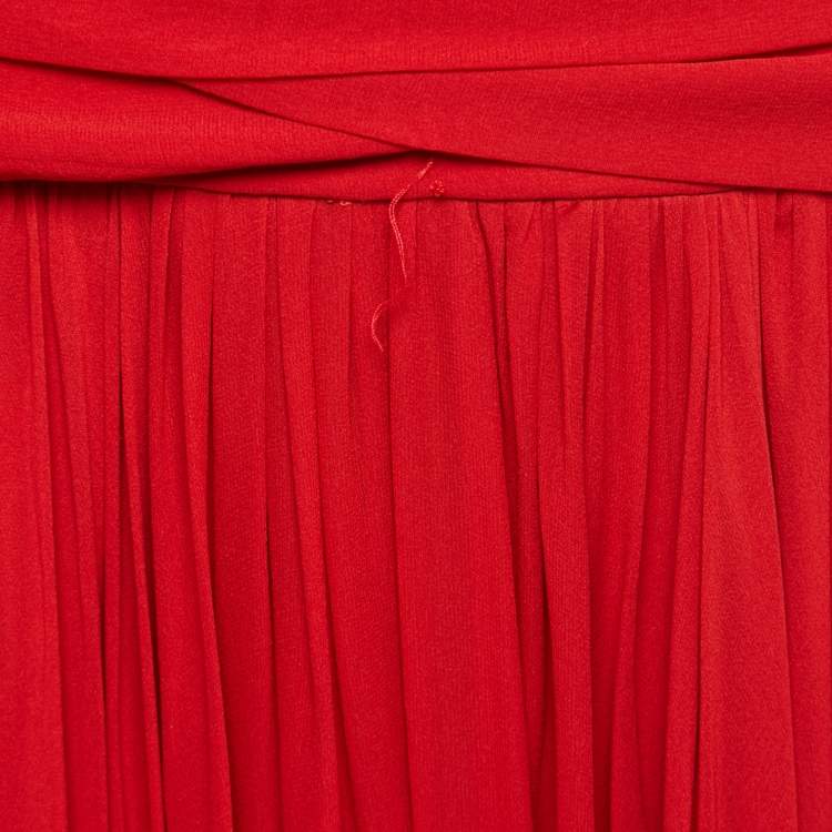 Pre Owned Elie Saab Red Silk Blend Lace Trimmed Long Dress S