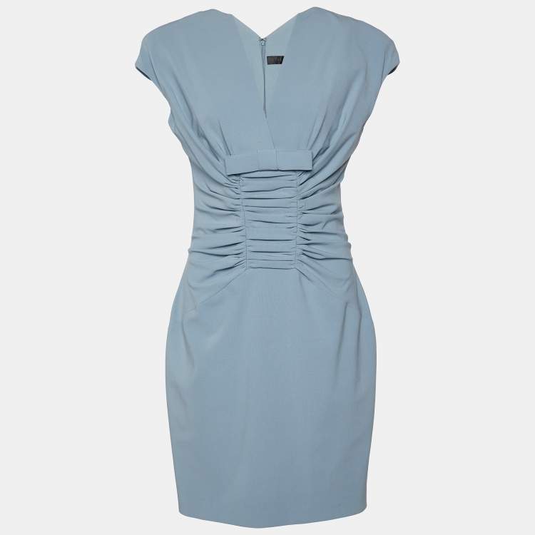 مملوكة مسبقًا Elie Saab Blue Wool Ruched Bow Detail Mini Dress M