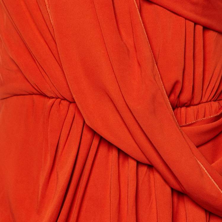 Pre Owned Elie Saab Tangerine Orange Jersey Draped One Shoulder Gown M