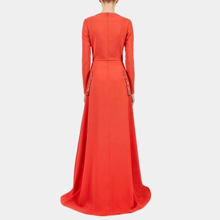 Pre Owned Elie Saab Sunset Orange Cady Criss Cross Tie Long Sleeve Gown L