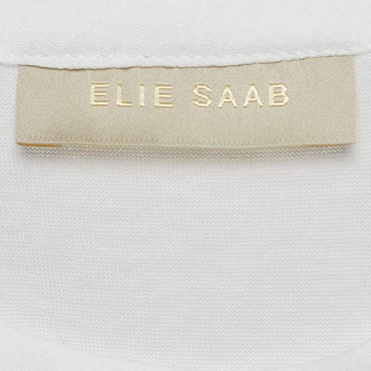 Pre Owned Elie Saab White Embroidered Tulle and Cotton Knit Sheer T-Shirt S