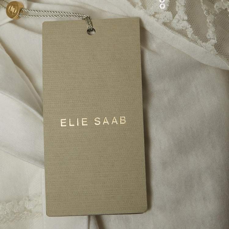 Pre Owned Elie Saab White Embroidered Tulle and Cotton Knit Sheer T-Shirt S