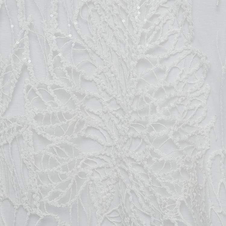Pre Owned Elie Saab White Embroidered Tulle and Cotton Knit Sheer T-Shirt S