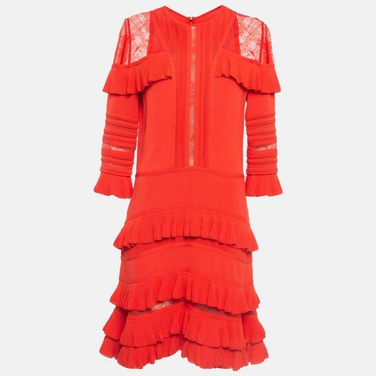 Pre Owned Elie Saab Orange Stretch Knit Frilled Short Dress M