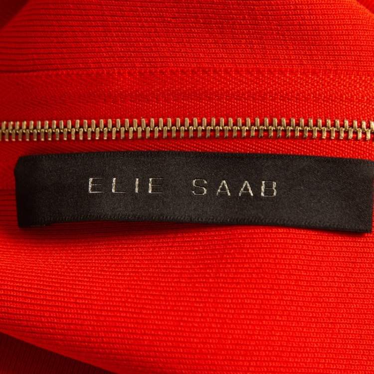 Pre Owned Elie Saab Orange Stretch Knit Frilled Short Dress M